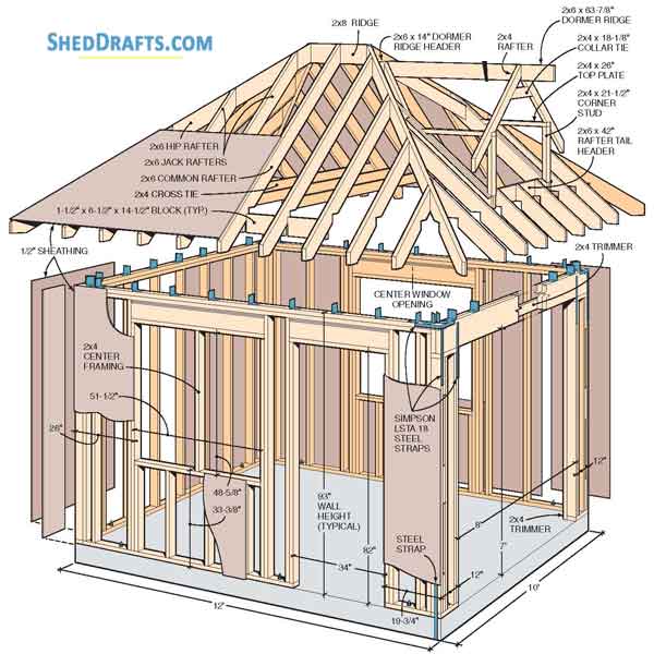10x12 Hip Roof Storage Shed Dormer Plans Blueprints 01 Building Section