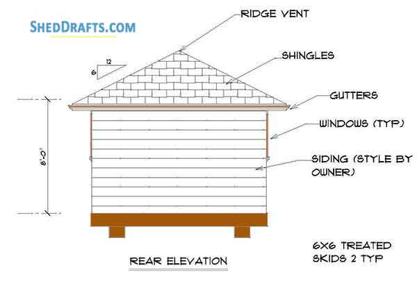 12x12 Hip Roof Storage Shed Plans Blueprints 04 Rear Elevation