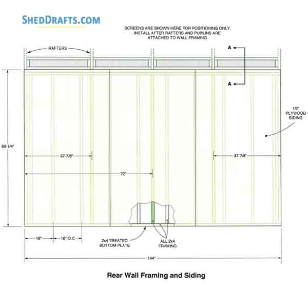 12x12 Lean To Storage Shed Plans Blueprints 03 Rear Wall Framing Siding