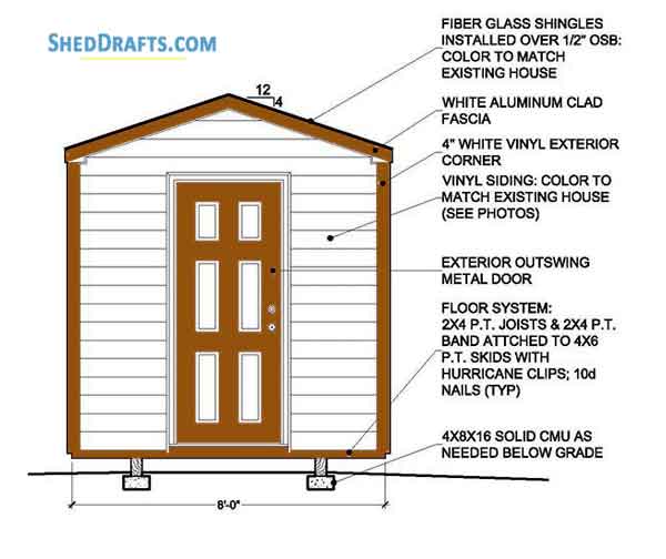 8x8 Storage Shed Plans Blueprints Gable 01 Front Elevation
