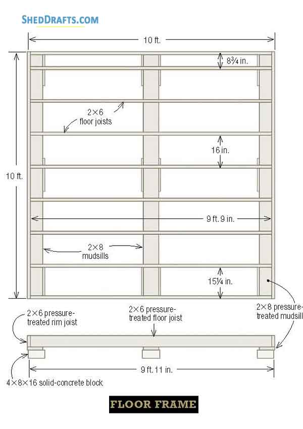 10x10 Gable Storage Shed Plans Blueprints 02 Floor Framing Plan