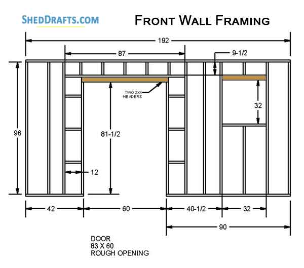 10x16 Gable Garden Storage Shed Plans Blueprints 08 Front Wall Framing