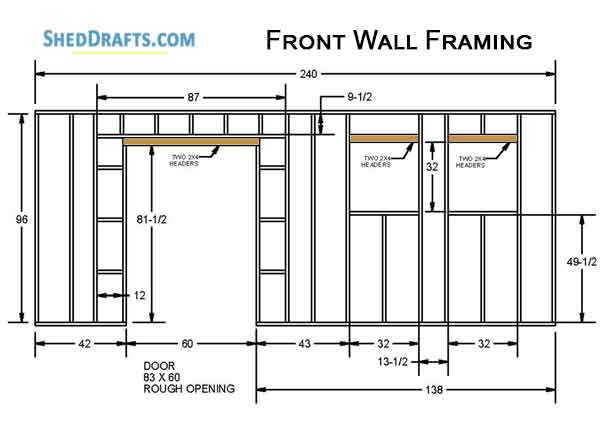 10x20 Gable Garden Storage Shed Plans Blueprints 08 Front Wall Framing