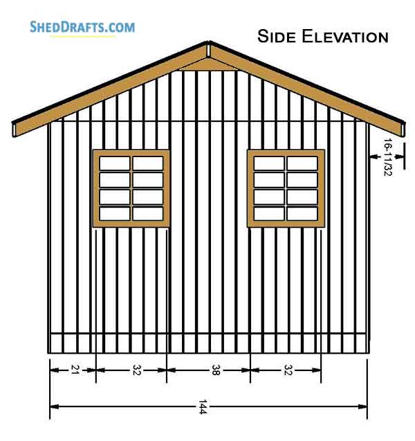 12x12 Gable Garden Storage Shed Plans Blueprints 03 Side Elevation