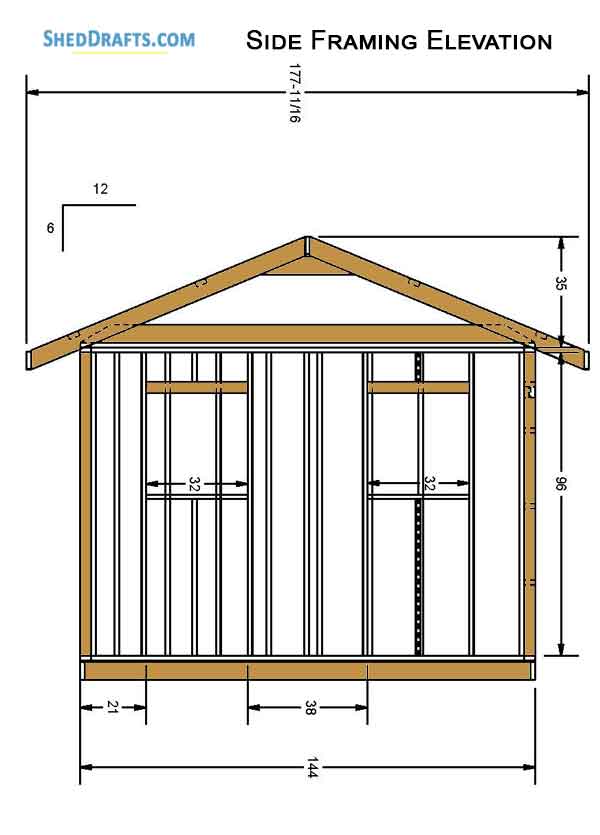 12x12 Gable Garden Storage Shed Plans Blueprints 05 Side Framing Elevation