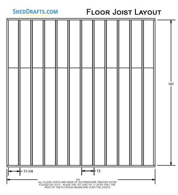12x12 Gable Garden Storage Shed Plans Blueprints 07 Floor Joist Layout