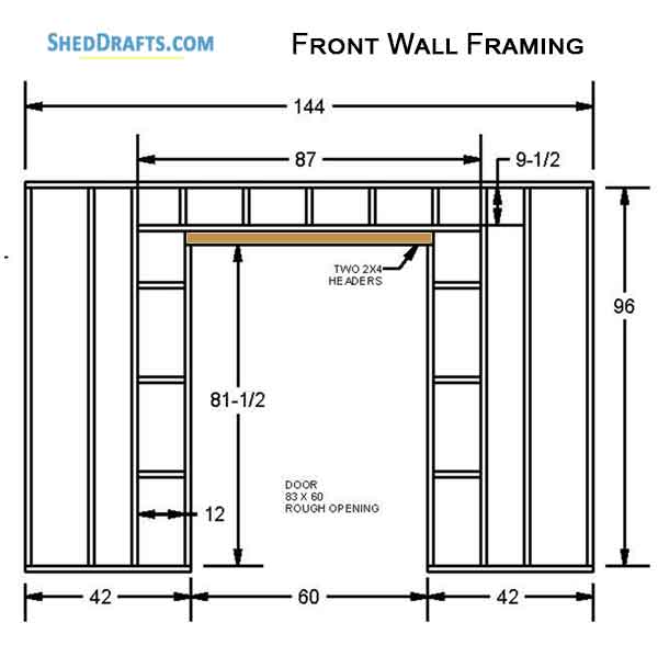 12x12 Gable Garden Storage Shed Plans Blueprints 08 Front Wall Framing