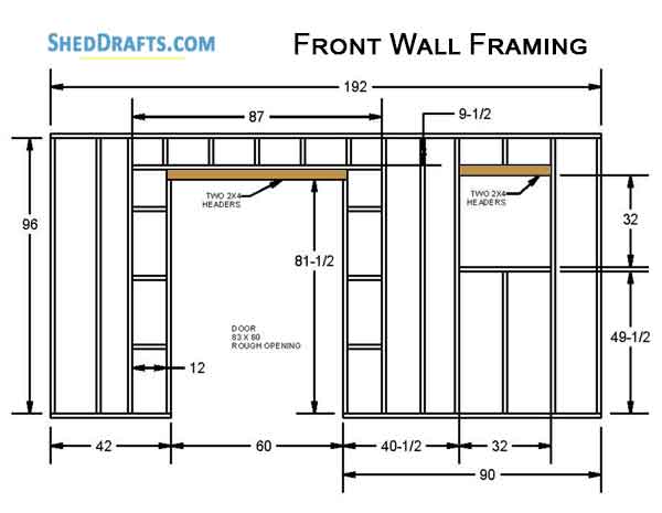 12x16 Gable Garden Storage Shed Plans Blueprints 08 Front Wall Framing