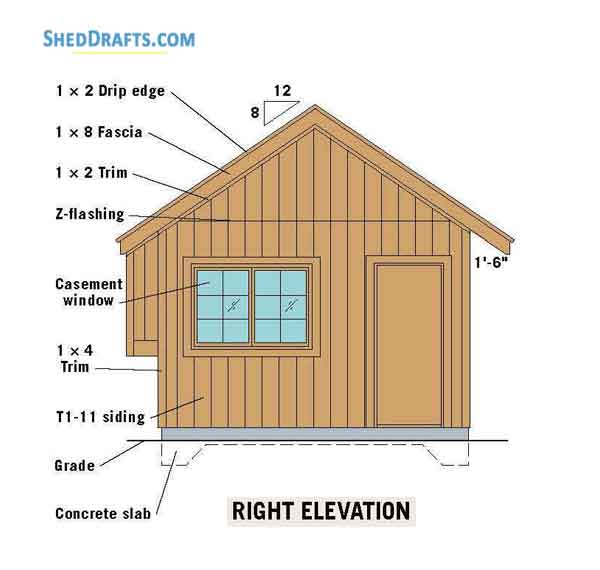 12x16 Gable Storage Shed Building Plans Blueprints 05 Right Elevations