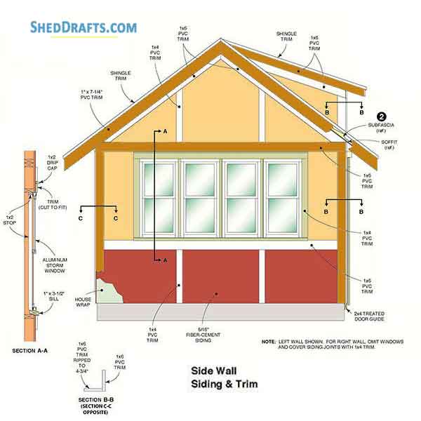 12x16 Gable Storage Shed Building Plans Blueprints 03 Side Wall Trim