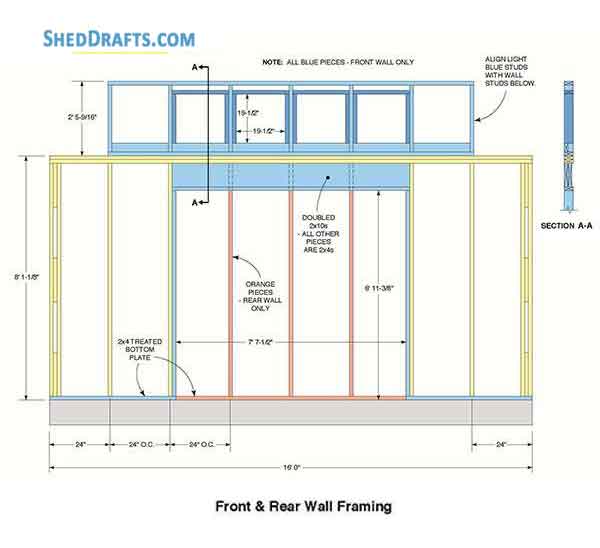 12x16 Gable Storage Shed Building Plans Blueprints 04 Front Rear Wall Frame