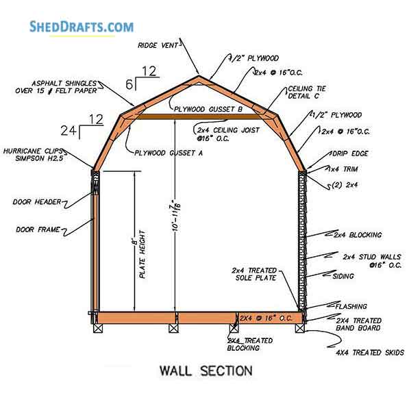 12 16 Gambrel Storage Shed Plans Blueprints For Barn Style Building