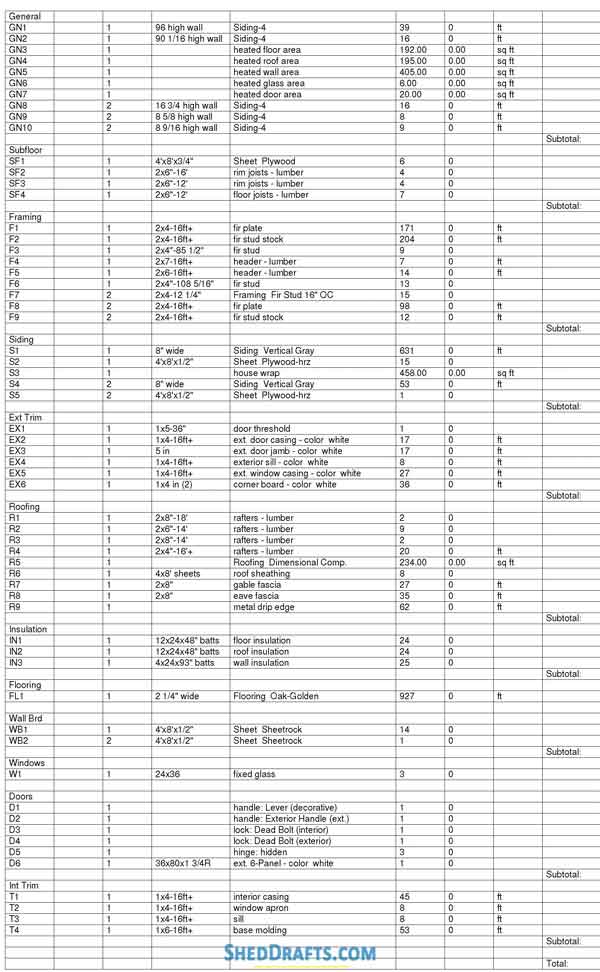 Lean to shed material list