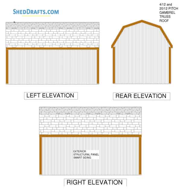 12x20 Gambrel Barn Shed Building Plans Blueprints 05 Left Right Rear Elevations
