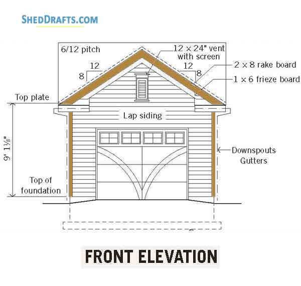 14x24 One Car Garage Shed Plans Blueprints 02 Front Elevation