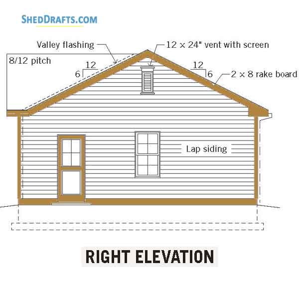14x24 One Car Garage Shed Plans Blueprints 03 Right Elevation