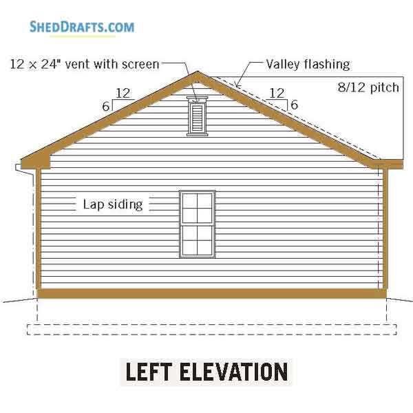 14x24 One Car Garage Shed Plans Blueprints 04 Left Elevation