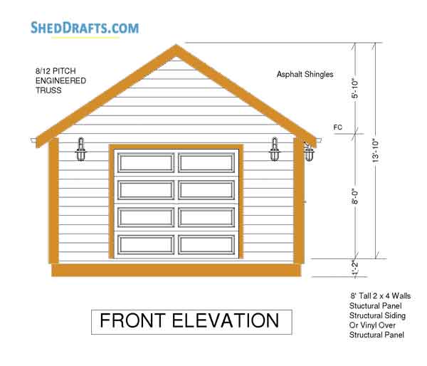 16x16 Gable Storage Shed Plans Blueprints 04 Front Elevations