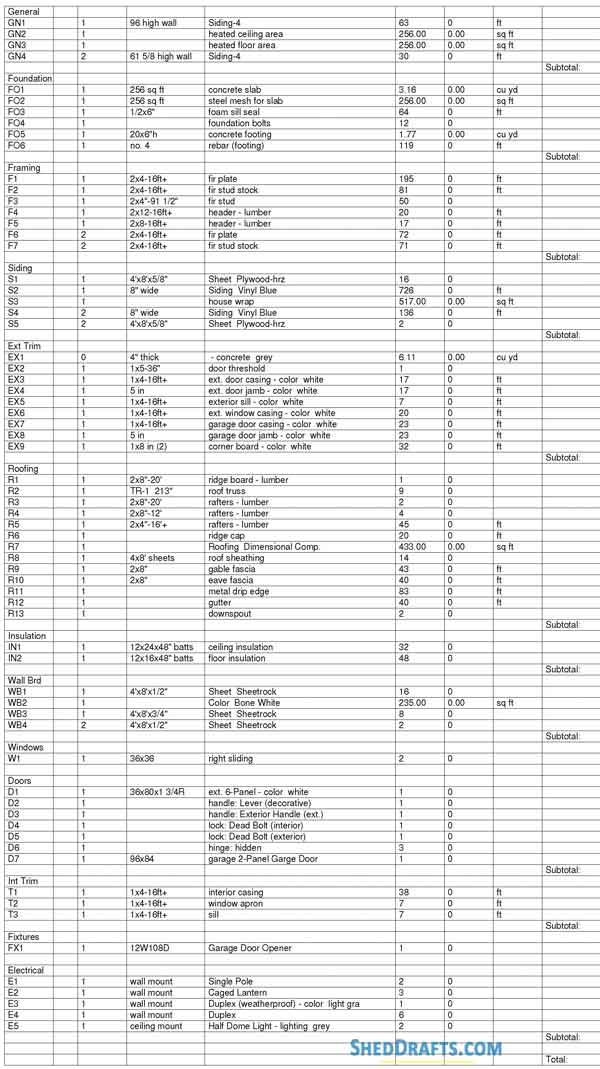 16x16 Gable Storage Shed Plans Blueprints 13 Material List
