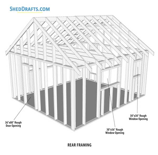 16x28 Diy Studio Shed With Porch Plans Blueprints 04 Rear Framing Elevation