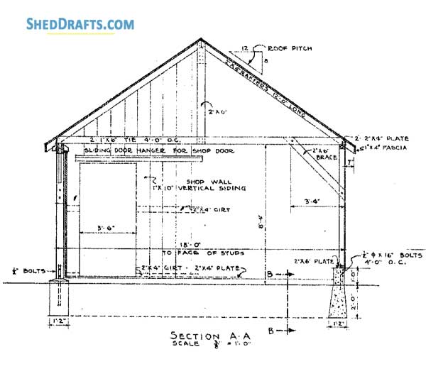 18x46 Gable Workshop Shed Plans Blueprints 01 Building Section