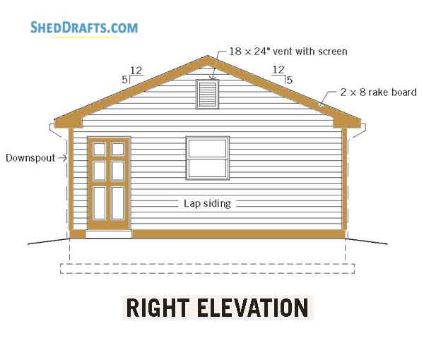 20x20 Two Car Garage Shed Plans Blueprints 03 Right Elevation
