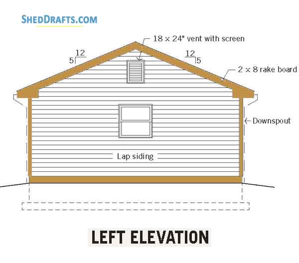 20x20 Two Car Garage Shed Plans Blueprints 04 Left Elevation
