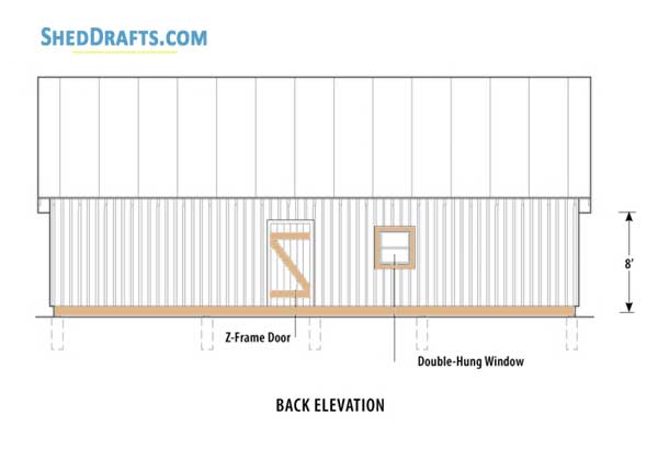 20x48 Pole Barn Shed With Loft Plans Blueprints 05 Rear Elevation