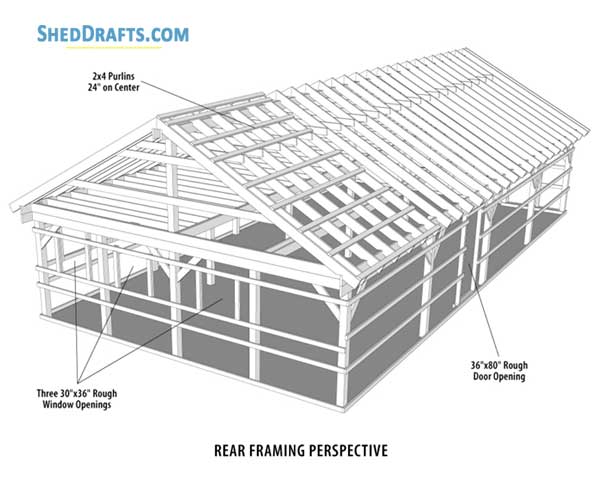 20x48 Pole Barn Shed With Loft Plans Blueprints 08 Rear Framing Detail