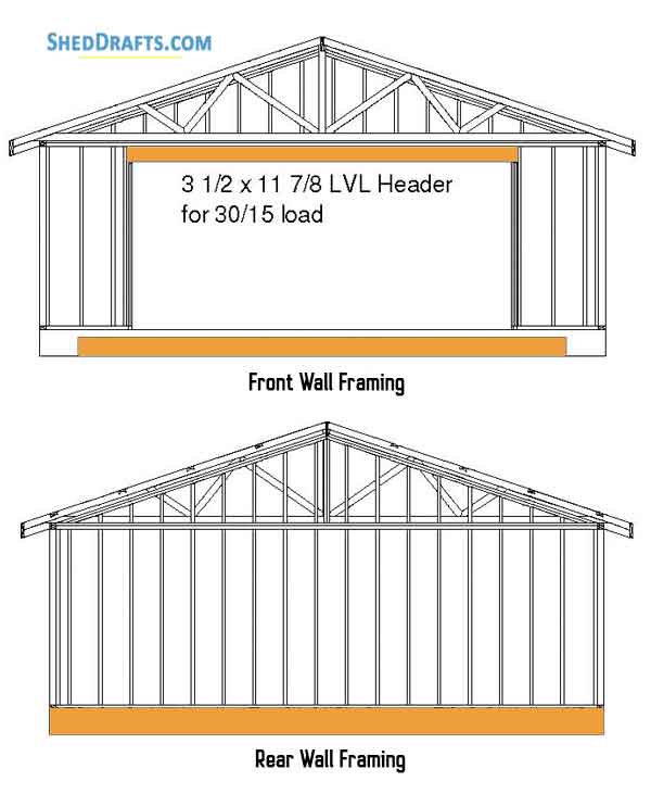 24x24 Gable Garage Shed Building Plans Blueprints 08 Front Rear Wall Framing