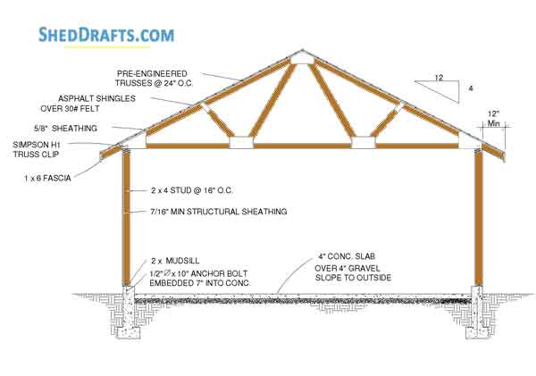 24x24 Gable Garage Shed Building Plans Blueprints 12 Truss Layout