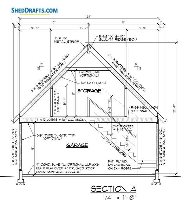 24x24 Two Car Garage Loft Plans Blueprints 01 Building Section
