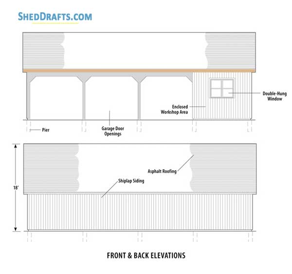 24x48 Pole Frame 3 Car Garage Workshop Shed Plans Blueprints 06 Front Rear Elevation