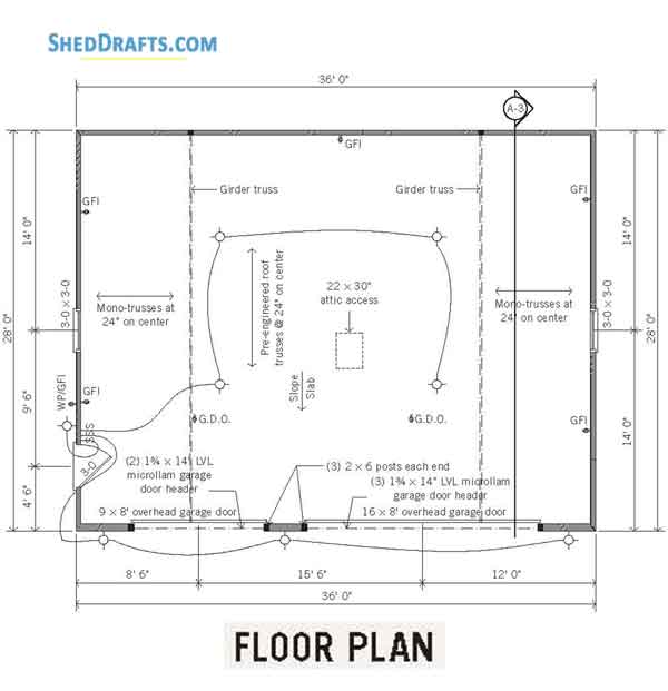 28x36 Three Car Garage Shed Plans Blueprints 01 Floor Framing Plan