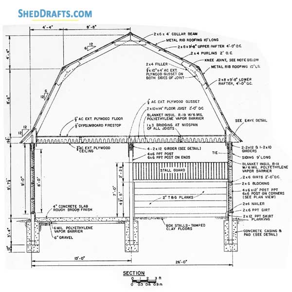 3 Stall Horse Barn Plans With Work Area Blueprints 01 Building Section