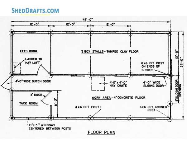 3 Stall Horse Barn Plans With Work Area Blueprints 02 Floor Framing Plan