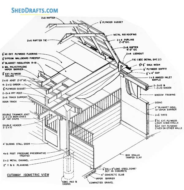 3 Stall Horse Barn Plans With Work Area Blueprints 08 Cutaway Wall Framing Detail