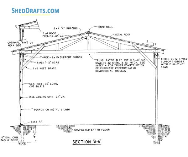 32x130 Machine Shed Building Plans Blueprints 01 Building Section