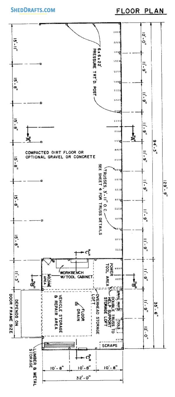 32x130 Machine Shed Building Plans Blueprints 05 Floor Plan Shop Layout