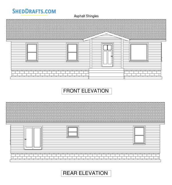 32x44 Gable House Building Plans Blueprints 02 Front Rear Elevations