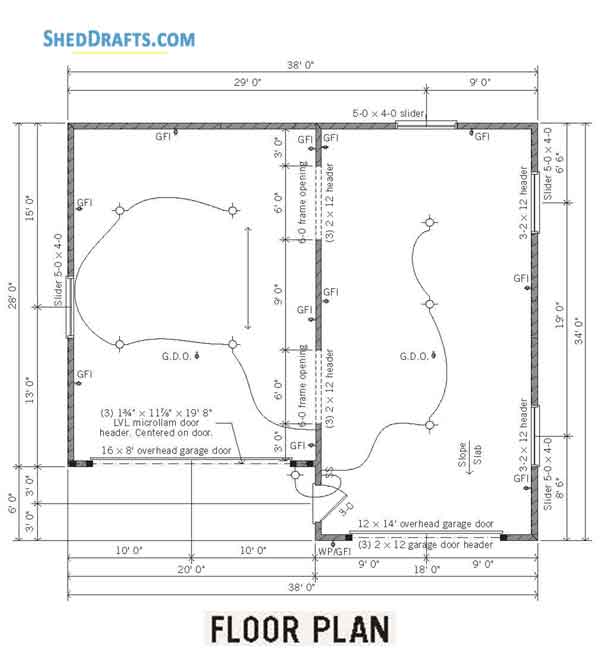 34x38 Three Car Garage Shed Plans Blueprints 01 Floor Framing Plan