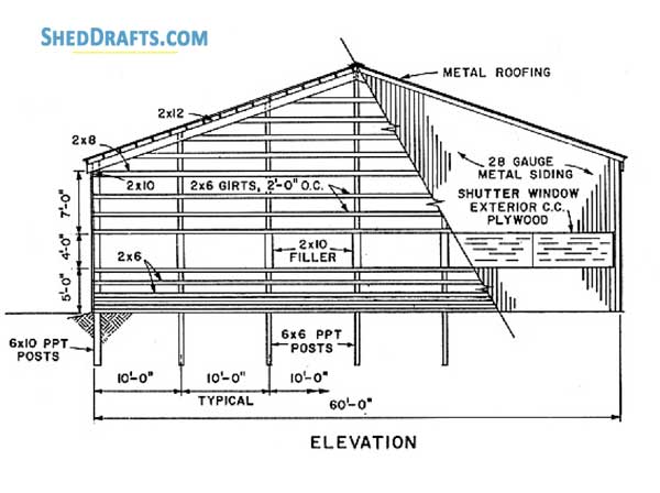 4 Stall Horse Barn Plans With Arena Blueprints 04 Side Elevation