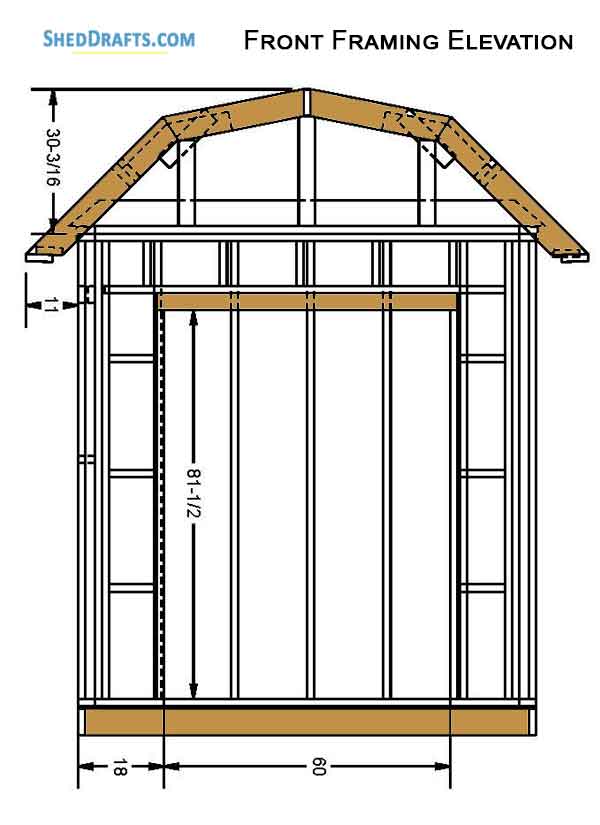 8x10 Gambrel Timber Storage Shed Plans Blueprints 04 Front Framing Elevation