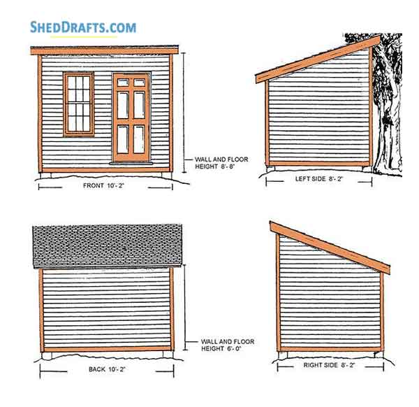 8x10 Lean To Garden Shed Plans Blueprints Storage 01 Elevations
