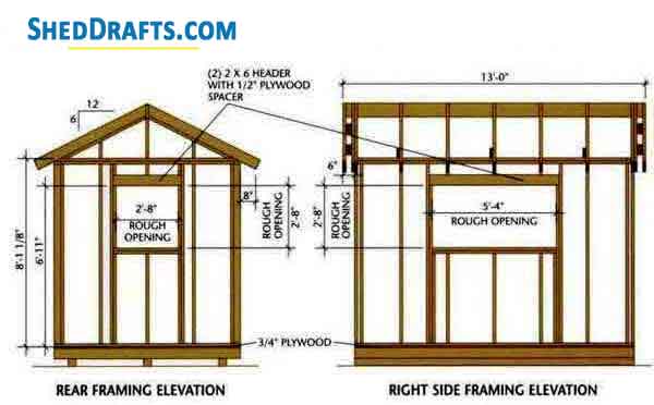 8x12 Gable Garden Shed Plans Blueprints 2 Framing Elevation Rear