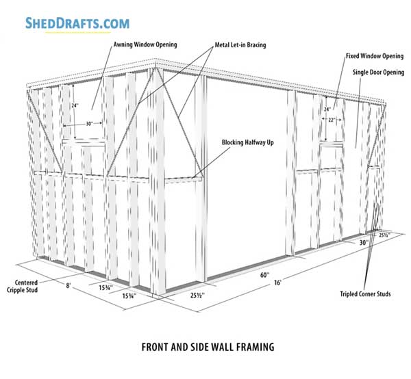 8x16 Diy Gable Storage Shed Plans Blueprints 07 Front Side Wall Framing