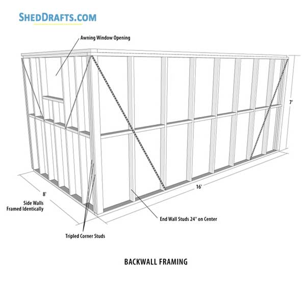 8x16 Diy Gable Storage Shed Plans Blueprints 08 Back Wall Framing