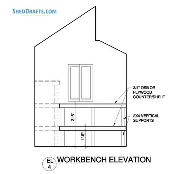 8x8 Clerestory Potting Shed Plans Blueprints 13 Workbench Elevation