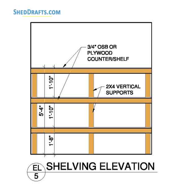 8x8 Clerestory Potting Shed Plans Blueprints 14 Shelving Elevation