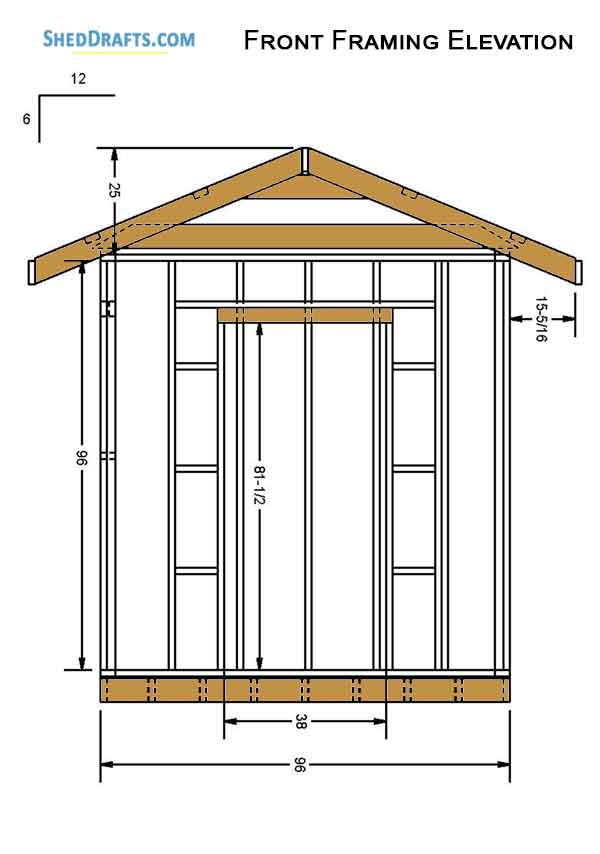 8x8 Gable Garden Storage Shed Plans Blueprints 04 Front Framing Elevation